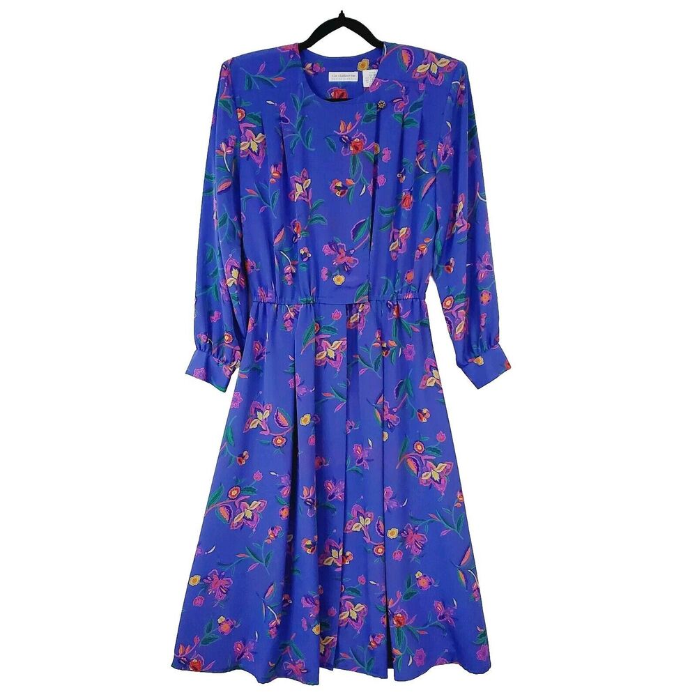 Vintage Liz Claiborne Petites 10 Blue Floral Dress Longsleeve 80s 90 Cottagecore